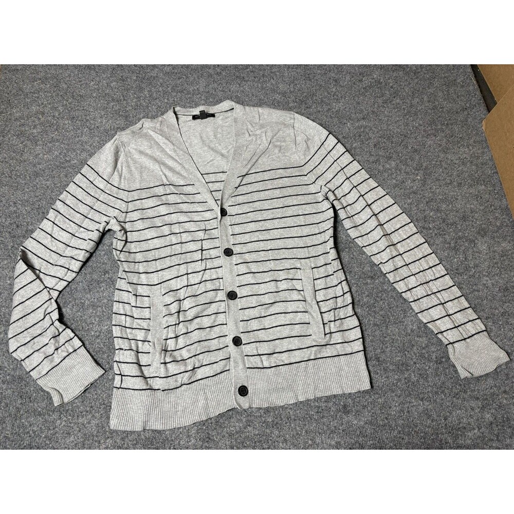 Banana Republic Sweater Mens L Gray Stripe V-Neck Button Front Cardigan Pockets